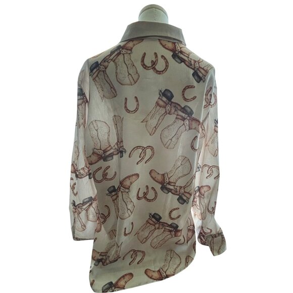 Vintage Western Cowboy Boots & Horseshoes Sheer Button-Up Shirt Size L - Picture 3 of 8